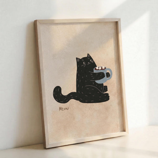 May include: Framed poster print leaning against white wall showing a cute black cat illustration holding a light blue mug with marshmallows, with "Meow" text below. Simple minimalist art style with beige textured background in natural wood frame.
