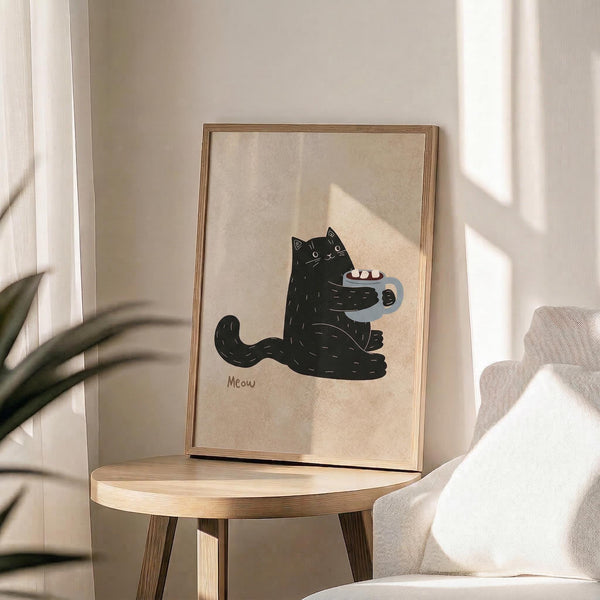 May include: Framed poster print displayed on wooden round side table next to beige upholstered chair. Artwork shows cute black cat holding white coffee mug with pink marshmallows, word "Meow" below on cream background. Natural wood frame, soft sunlight streaming through white curtains, green plant leaves visible, neutral minimalist room setting.