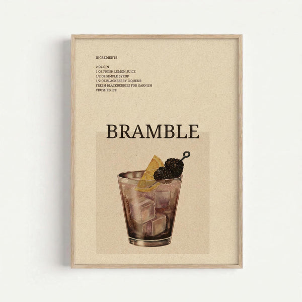 A framed vintage-style cocktail recipe poster on a cream textured background featuring an illustrated rocks glass filled with ice, blackberry garnish, and lemon peel. The poster displays "BRAMBLE" in large brown serif lettering with ingredient list above including gin, lemon juice, simple syrup, and blackberry liqueur. Light wood frame against white wall with subtle shadow.