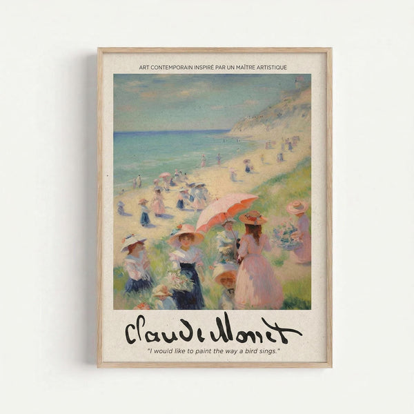 May include: Framed poster print featuring a Claude Monet beach scene with people in period dress enjoying a sunny day by turquoise waters. Shows figures with parasols and hats scattered across sandy beach with cliffs in background. Includes Monet's signature and quote about painting like a bird sings. Light wood frame against white wall, soft impressionist brushstrokes in pastels and blues.