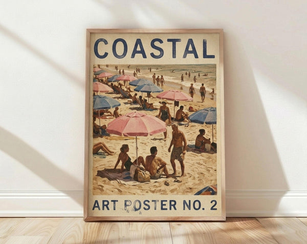 May include: Framed vintage-style beach poster with "COASTAL" text at top and "ART POSTER NO. 2" at bottom, showing crowded sandy beach scene with pink and blue striped umbrellas, sunbathers in swimwear, and ocean waves. Warm sepia tones with muted colors. Natural wood frame sits on light wooden floor against white wall with soft shadows.