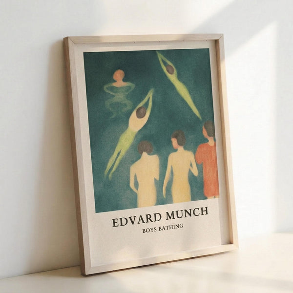 May include: Framed art print leaning against white wall showing stylized figures in teal-green tones - several nude male forms in water with flowing, elongated bodies in yellow and coral hues. The artwork features Munch's characteristic expressionist style with soft, dreamlike quality. Print has white border with artist name and title text below image, displayed in light wooden frame.