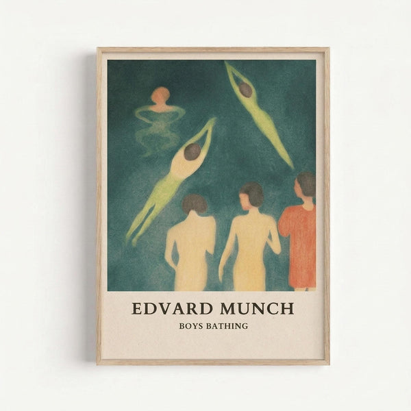 May include: Framed poster print hanging on white wall featuring Edvard Munch's expressionist painting of figures bathing in turquoise-green water. Shows nude male figures in yellow and orange tones with two diving figures above them. Artwork has soft, dreamlike quality with muted colors. Natural wood frame with white matting displays the vintage-style art print against minimal wall setting.