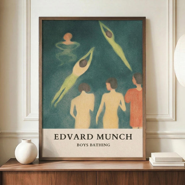 May include: Framed art print displaying stylized figures in teal and yellow tones - some diving or swimming, others standing on shore. The artwork has a soft, muted aesthetic with simplified human forms against a turquoise background. Print sits on wooden sideboard next to white ceramic vase and stacked books in neutral-toned room with white paneled walls.