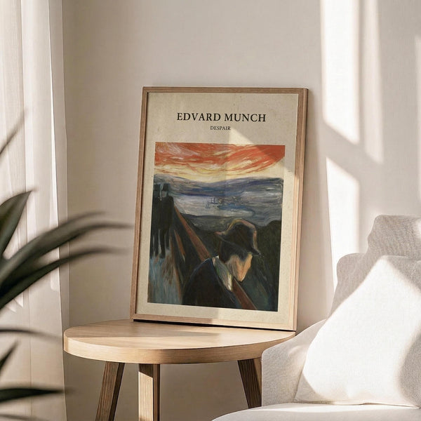May include: Framed art print of Edvard Munch's Despair painting displayed on a round wooden side table next to a beige upholstered chair. The poster features a figure in dark clothing against a dramatic landscape with swirling orange and red sky over blue water. Natural sunlight streams across the neutral-toned room, casting soft shadows from a plant's leaves onto white walls.