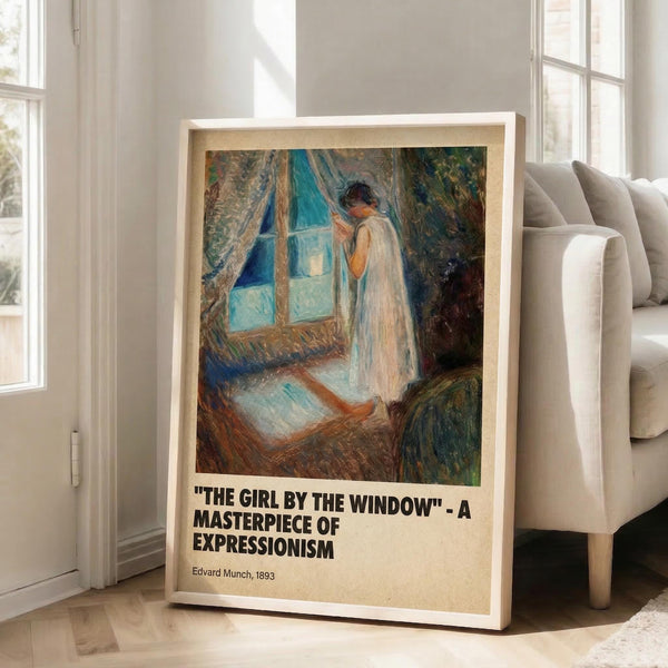 May include: Framed art print leaning against white wall next to beige sofa in bright room with large windows. Print shows Expressionist-style painting of figure in white nightgown standing by blue window, rendered in soft pastels and muted tones. Text below artwork reads "THE GIRL BY THE WINDOW" - A MASTERPIECE OF EXPRESSIONISM, Edvard Munch, 1893. Light wood frame on hardwood floor.