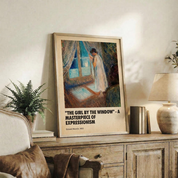 May include: Framed art print featuring a woman in white dress standing by blue window with curtains, painted in expressionist style with visible brushstrokes in blues, greens, and earth tones. Print displayed on rustic wooden console with books, fern plant, and ceramic vase in neutral-toned living room setting.