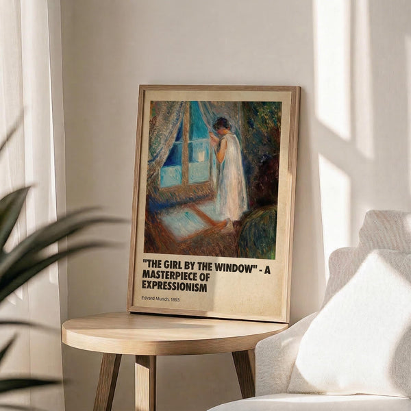May include: Framed art print showing a young woman in white dress standing by a window with blue curtains and foliage. The expressionist painting features soft pastels and loose brushwork. The poster has museum-style text below the artwork. Displayed on a round wooden side table next to a beige upholstered chair with a throw pillow, palm plant visible, bright natural lighting creating shadows on white wall.