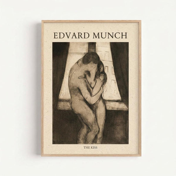 A framed reproduction of Edvard Munch's "The Kiss" lithograph showing two nude figures embracing in an intimate pose by a window. The artwork is rendered in black and white with soft, sketchy lines characteristic of Munch's style. The print has a cream-colored background with the artist's name at the top and artwork title at the bottom, displayed in a natural wood frame against a white wall.