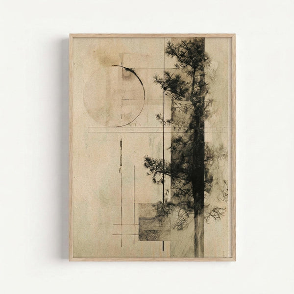 Framed abstract artwork combining geometric line drawings with botanical elements. Features a partial circle, rectangular forms, and vertical lines on the left side, with dark pine tree branches and foliage overlapping on the right. Created on aged, cream-colored paper with brown and black tones throughout. The piece is displayed in a simple light wood frame against a white wall, casting a subtle shadow.