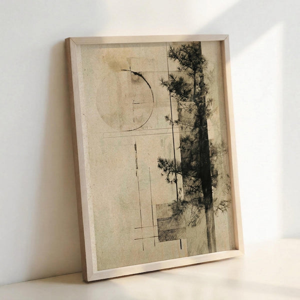 May include: Framed abstract artwork featuring botanical pine branch silhouettes and geometric line drawings including a partial circle, displayed in light wood frame against white wall. The print has an aged, vintage appearance with cream and sepia tones, combining natural plant imagery with minimalist architectural sketches in a collage-style composition.