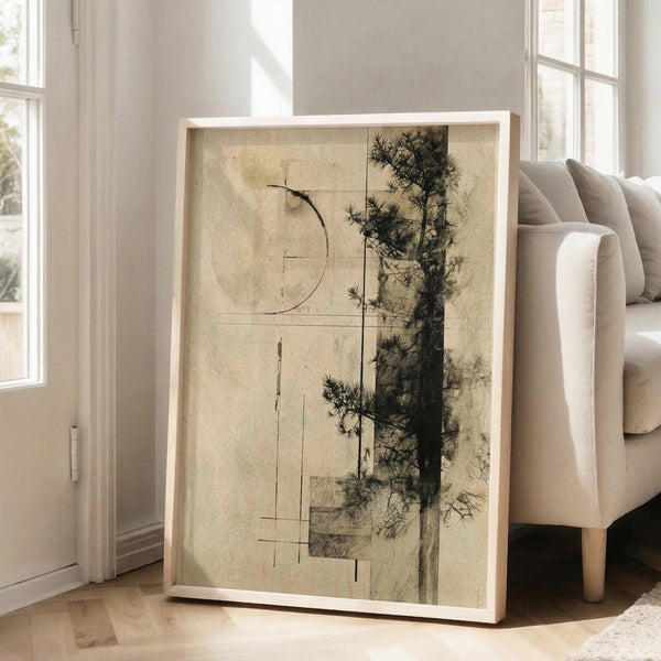 May include: Large framed art print leaning against white wall beside beige upholstered chair in bright living room with hardwood floors. The vintage-style artwork features dark silhouettes of pine trees overlaid with geometric lines and a partial circle on aged, cream-colored paper background in natural wood frame.