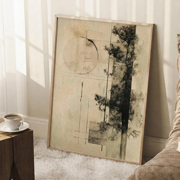 May include: Framed abstract art print leaning against white wall corner, featuring beige weathered background with dark green pine tree silhouette and geometric line elements including curved and straight marks. Natural wood frame, displayed on white textured rug beside wooden side table with white coffee cup, soft natural lighting creating window shadows on wall.