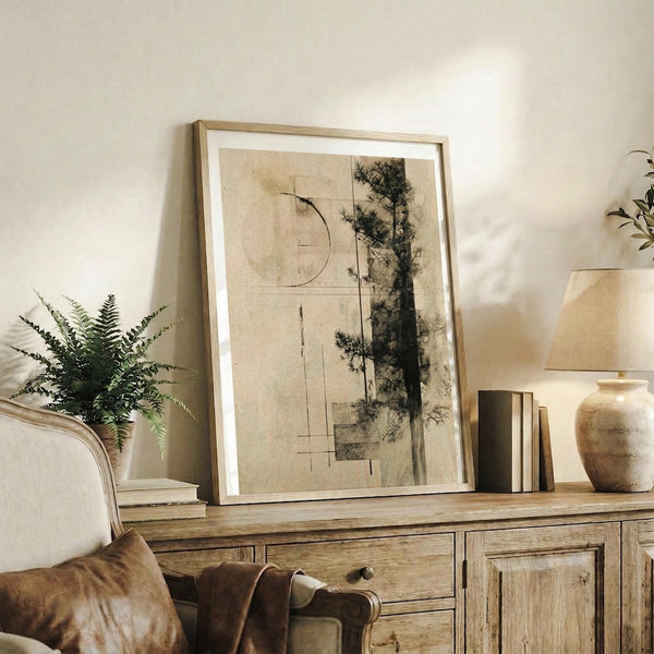 May include: Framed abstract artwork featuring a zen circle and pine tree silhouette in muted beige and black tones, displayed on a rustic wooden console table alongside decorative pottery, books, and a fern plant in a neutral-toned living room setting with warm natural lighting.