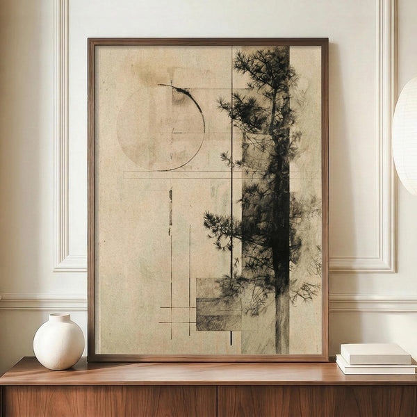 May include: Framed abstract art print featuring geometric lines and botanical pine tree elements in muted earth tones, displayed on wooden console table alongside white ceramic vase and stacked books in modern interior setting with cream walls and molding