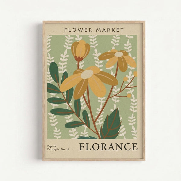 Vintage-style botanical poster in light wood frame featuring yellow daisy-like flowers and green foliage on sage green background with decorative white leaf pattern. Text reads "FLOWER MARKET" at top and "FLORANCE" at bottom with "Papiers Découpés No. 16" in corner. Retro illustration style with muted earth tones and cream matting.