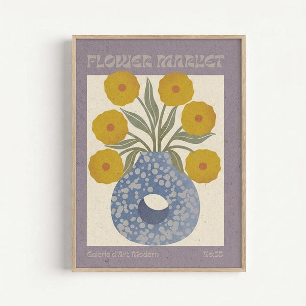 Framed vintage-style poster featuring six yellow flowers with orange centers in a blue polka-dotted vase against a cream background. The artwork has a purple border with "FLOWER MARKET" text at top and "Galerie d'Art Modern No.35" at bottom. The print is displayed in a thin wooden frame against a white wall, showing a retro botanical illustration style with muted, earthy tones.