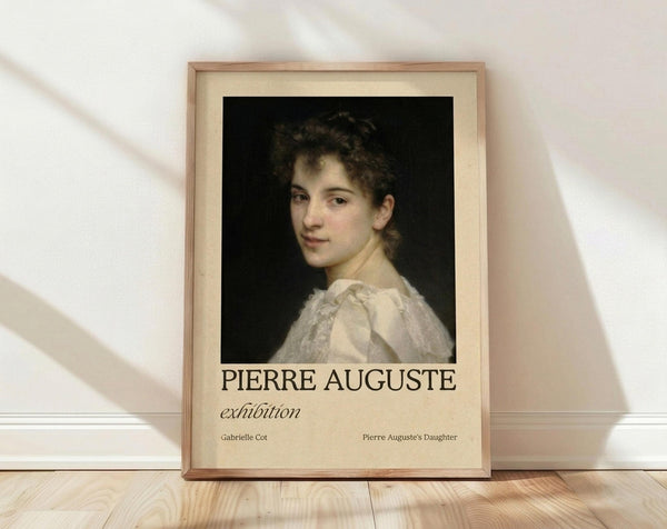 May include: Framed vintage-style exhibition poster featuring a classical portrait painting of a young woman with curly dark hair in a white dress against black background. The cream-colored poster displays "PIERRE AUGUSTE exhibition" text below the artwork. Wooden frame leans against white wall on light wood flooring with natural shadows.