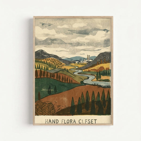 Framed vintage-style landscape print featuring rolling hills in earth tones of green, brown, and yellow with scattered evergreen trees, a winding river, industrial buildings in the distance, and cloudy sky above. The artwork has a hand-printed aesthetic with visible texture and is displayed in a light wood frame against a white wall. Text at bottom reads "HAND FLORA OFFSET" in simple block letters.