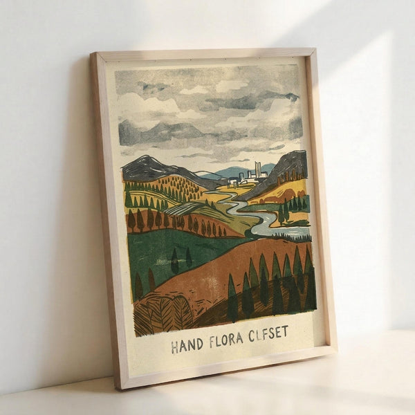 May include: A framed print leaning against a white wall showing a stylized landscape with rolling hills in green and orange tones, a winding river, dark mountains, and cloudy sky. The artwork features a woodblock or linocut aesthetic with bold, simplified forms and earthy colors. Text at bottom reads "HAND FLORA OFFSET" in block letters. The print is displayed in a light wooden frame on what appears to be a white surface.
