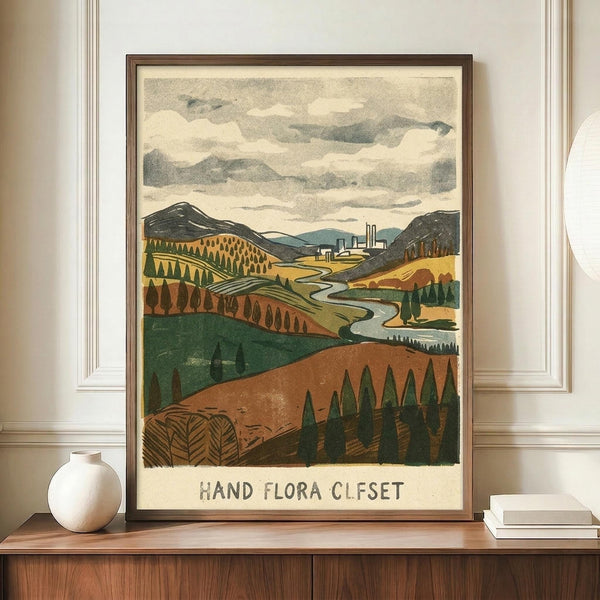 May include: Framed vintage-style landscape print showing rolling hills in autumn colors with winding river, evergreen trees, and distant industrial buildings under cloudy sky. Print displays in warm brown wooden frame on walnut credenza alongside white ceramic vase and stacked books in cream-colored room with white wainscoting.