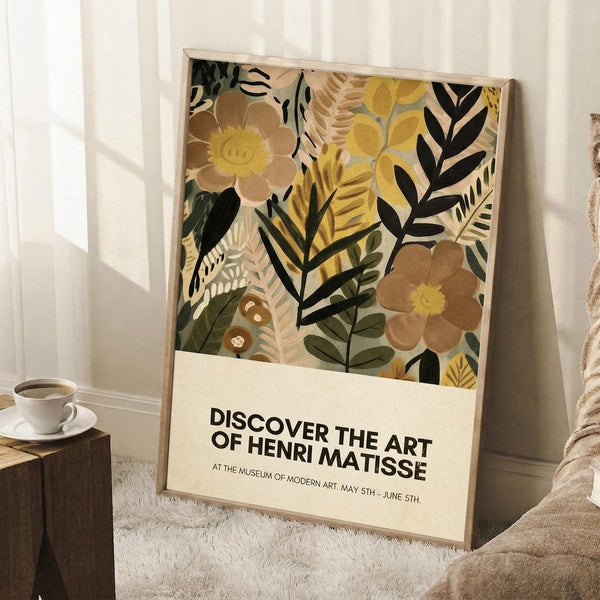 May include: Framed poster with botanical illustration featuring yellow and brown flowers, green and black leaves, and ferns in Matisse's cut-out style. White text below reads "Discover the Art of Henri Matisse" with museum exhibition details. Poster leans against white wall on textured rug next to wooden side table with white coffee cup and saucer.