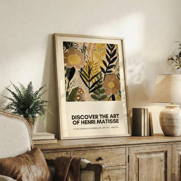 May include: Framed botanical art poster with colorful flowers and leaves in yellow, brown, and green tones, displayed on rustic wooden sideboard alongside fern plant, ceramic vase, and books in neutral living room setting with beige chair and warm lighting.