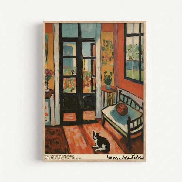 Colorful interior painting in Fauve style showing a cozy room with orange and turquoise walls, dark French doors opening to a garden view, a bed with white pillows, small round table with plant, and black and white cat sitting on terra cotta floor tiles. Artwork is framed in light wood and displays text crediting Henri Matisse at bottom.