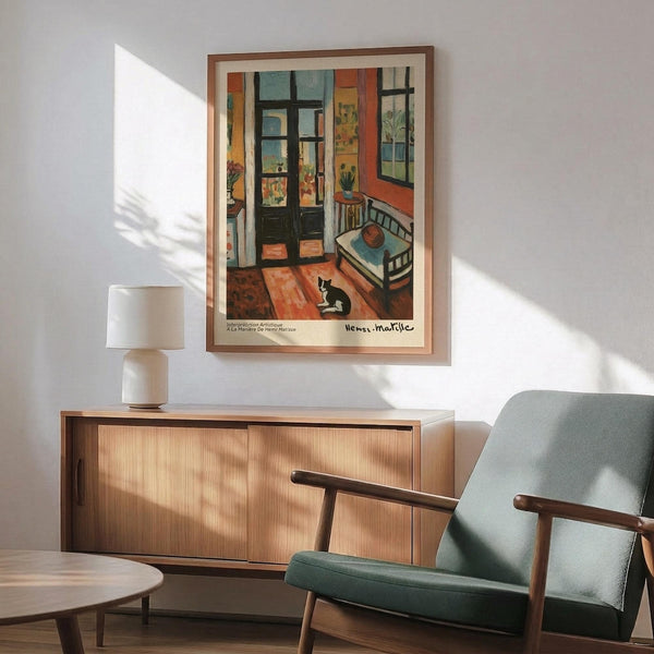 May include: Framed Henri Matisse interior scene print hung above wooden sideboard with white lamp. Artwork depicts colorful room with black and white cat, furniture, windows, and warm orange, blue, and green tones. Mid-century modern living room setting with sage green upholstered chair, round coffee table, and natural sunlight casting shadows on white wall.