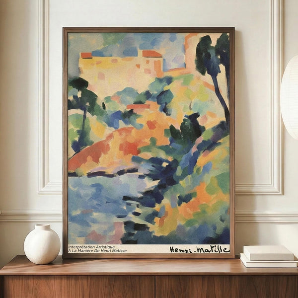 May include: A framed colorful abstract landscape poster in Fauve style featuring vibrant blues, oranges, yellows and greens with simplified trees and buildings, displayed on a wooden sideboard next to a white ceramic vase and stack of books in an elegant room with white paneled walls.
