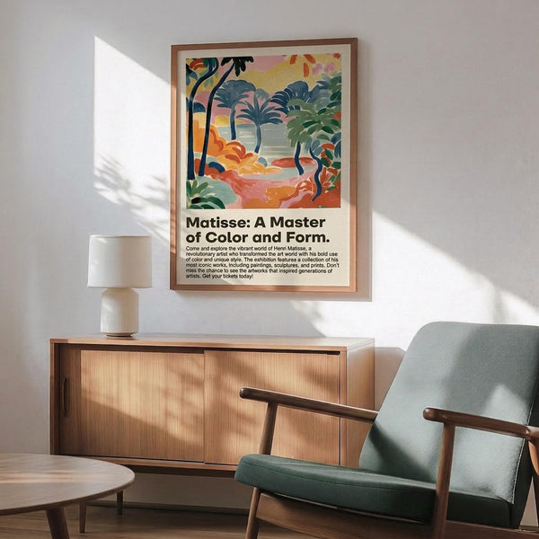 May include: Framed Matisse exhibition poster showing vibrant tropical landscape with palm trees in blues, greens, oranges and pinks, displayed above wooden sideboard with white ceramic lamp in modern living room setting with mint green mid-century armchair and natural lighting creating wall shadows.