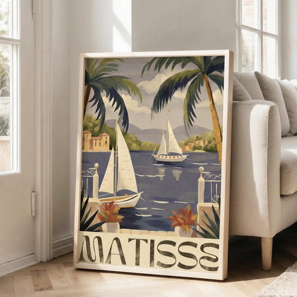 May include: Vintage-style travel poster featuring tropical Mediterranean scene with palm trees, sailboats on blue water, terracotta buildings, and decorative balcony railing in foreground. Poster displays in light wood frame, leaning against beige sofa in bright living room with white walls and large windows. Warm color palette of blues, greens, and earth tones in classic mid-century illustration style.