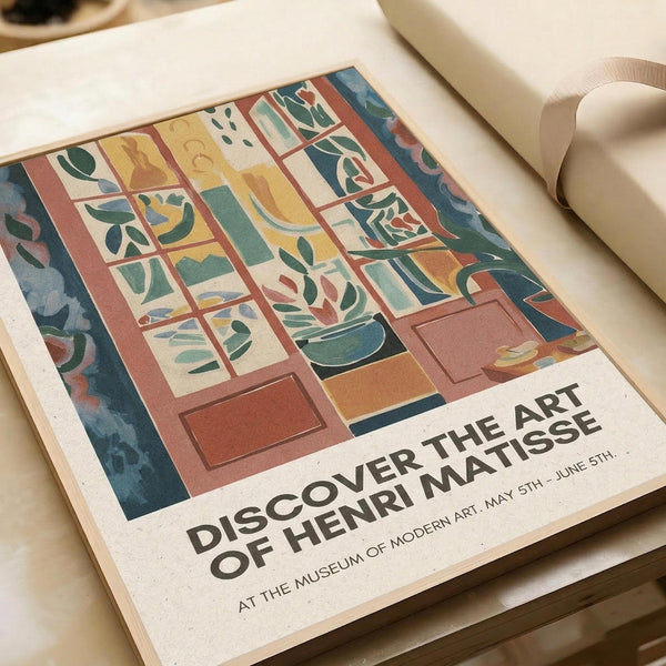 May include: Vintage-style art exhibition poster featuring a colorful window scene with green foliage and geometric patterns in warm earth tones, displayed on white paper with a beige ribbon nearby on a cream-colored surface