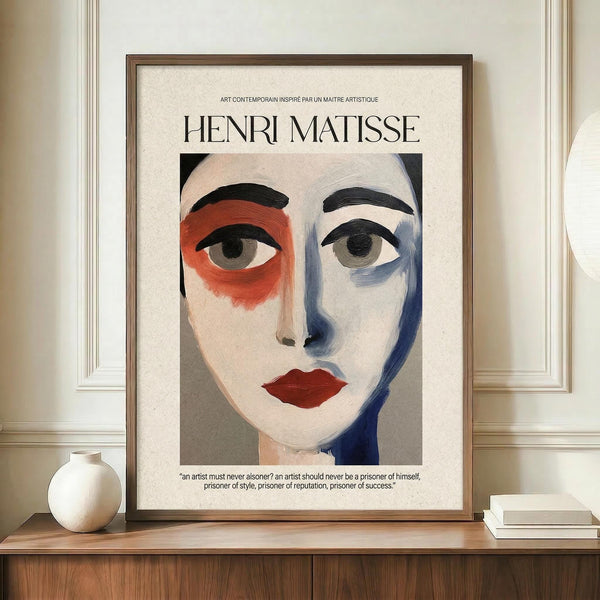 May include: Framed art poster featuring abstract portrait with stylized face, red circular area around left eye, blue shadowing on right side, dark eyebrows, red lips on cream background. Henri Matisse text at top with French subtitle and inspirational quote below. Brown wooden frame displayed on light wood sideboard with white ceramic vase, neutral wall background.
