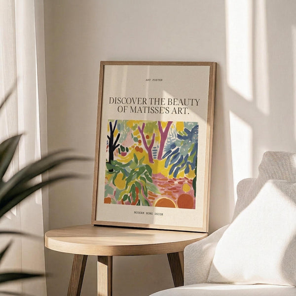 May include: Framed art poster with colorful abstract garden scene featuring vibrant yellows, greens, blues and purples in Matisse's distinctive cut-out style. Text reads "Discover the Beauty of Matisse's Art" above the artwork. Thin wooden frame displayed on round light wood side table next to beige upholstered chair. Natural sunlight creates geometric shadows on white wall. Green plant leaves visible in corner, creating modern minimalist home decor setting.