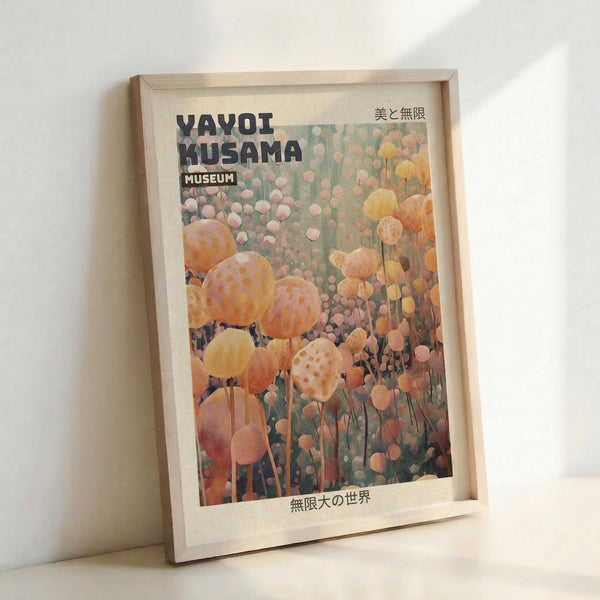 May include: Framed poster print featuring Yayoi Kusama's polka dot pumpkin installation artwork in warm orange and yellow tones against green background, displayed in light wooden frame leaning against white wall corner. Japanese text appears at top and bottom of vintage-style museum exhibition poster.