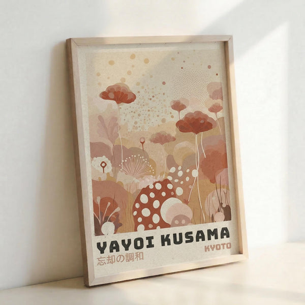 May include: Framed art print leaning against white wall showing abstract botanical illustration in warm coral, peach and cream tones. Features stylized mushrooms, flowers, and organic shapes with polka dot patterns and scattered circular elements. Text reads "YAYOI KUSAMA" and "KYOTO" in black letters at bottom with Japanese characters. Light wooden frame casts soft shadow on textured white surface.