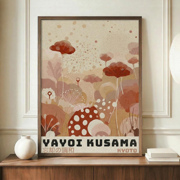 May include: Framed art print displayed on wooden sideboard featuring abstract botanical illustration in warm earth tones with red polka-dotted mushrooms, delicate flowers, and organic shapes in coral, beige, and rust colors. White ceramic vase and stacked books sit nearby. The poster has Japanese text at bottom and shows modern minimalist interior with cream walls and wood furniture.