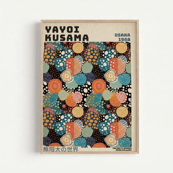 Colorful abstract art poster in wooden frame featuring repeating pattern of overlapping circles and dots in vibrant blues, oranges, yellows, and greens against black background. Text reads "YAYOI KUSAMA" at top, "OSAKA 1988" in upper right, Japanese characters at bottom left, and "INFINITY SHAPES WOOD GALLERY" at bottom right. Polka dot motifs throughout create psychedelic, kaleidoscopic effect typical of Kusama's iconic style.