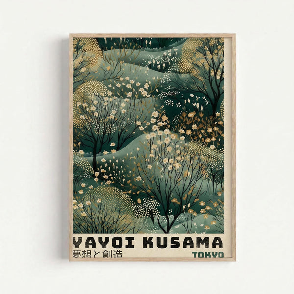 Framed art print featuring an abstract floral pattern in deep green and sage tones with cream-colored blooms and dotted textures. The design shows layered botanical elements including trees, branches, and scattered flowers in a Japanese-inspired style. Bold black text reads "YAYOI KUSAMA" with Japanese characters below, and "TOKYO" appears in green text at the bottom right. The artwork is displayed in a light wood frame against a white wall.