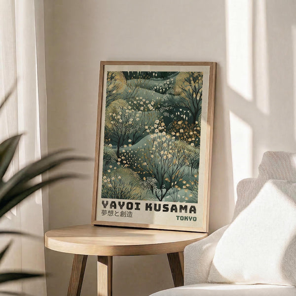 May include: Framed art print featuring green botanical illustration with delicate wildflowers, dotted patterns, and organic shapes in sage and cream tones. Print displays "YAYOI KUSAMA" and "TOKYO" text below artwork. Wooden frame sits on round light wood side table next to beige upholstered chair. Soft natural lighting creates shadows on neutral wall background with plant leaves visible in corner.