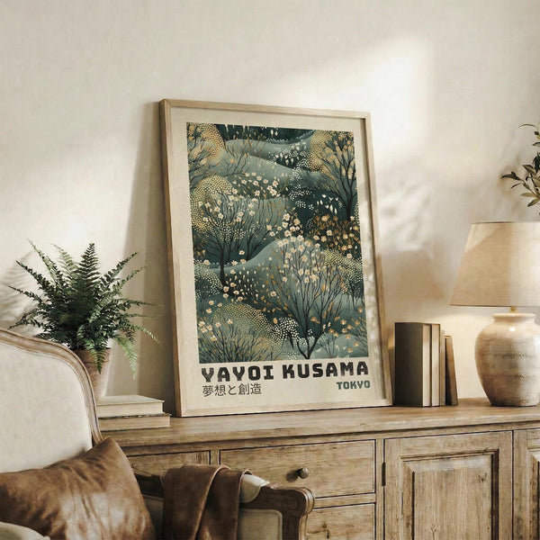 May include: Framed botanical art print with green and cream botanical pattern featuring delicate branches, dots, and organic shapes, displayed on rustic wooden console with fern plant, books, ceramic vase, and leather chair in warm-toned living room setting