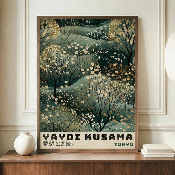 May include: Framed art print displaying abstract botanical pattern in sage green, teal, and cream tones with flowing organic shapes, dotted textures, and delicate branching forms. Black text at bottom reads "YAYOI KUSAMA" with Japanese characters and "TOKYO". Print sits on wooden credenza beside white ceramic vase and stacked books against cream wainscoted wall.