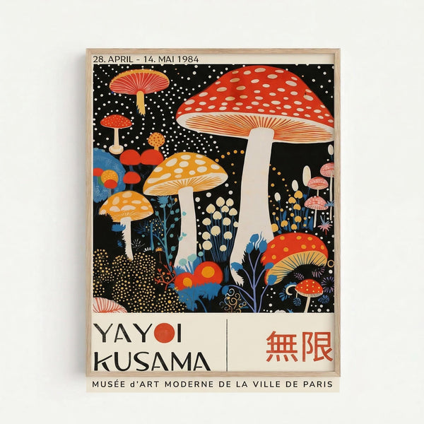 Framed poster featuring colorful mushrooms on black background with white polka dots. Large red and orange spotted mushrooms dominate the scene, surrounded by smaller blue, pink and yellow varieties. Text reads "28. APRIL - 14. MAI 1984" at top, "YAYOI KUSAMA" at bottom left with Japanese characters on right, and "MUSÉE d'ART MODERNE DE LA VILLE DE PARIS" below. Light wood frame against white wall.