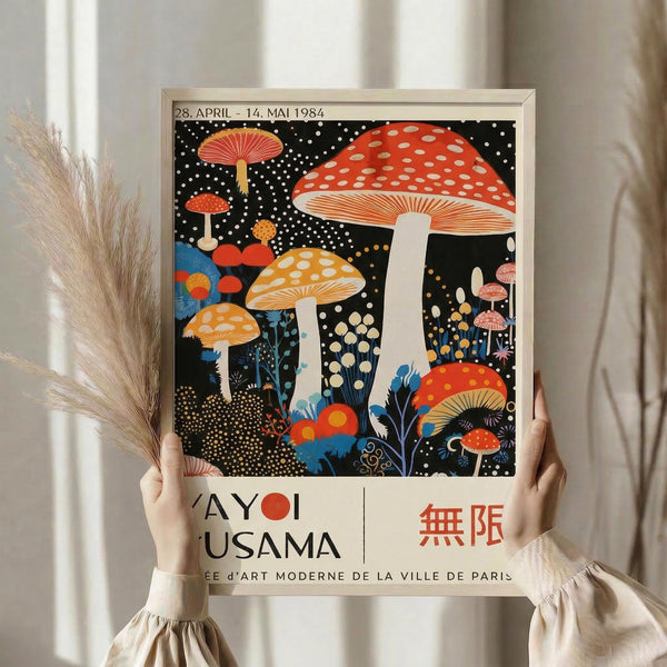May include: Person holding a framed exhibition poster featuring colorful mushrooms on black background with white polka dots. The artwork shows red, orange, and yellow spotted mushrooms with white stems among blue foliage elements. Poster displays "AYOI KUSAMA" text and exhibition dates "28. APRIL - 14. MAI 1984" at top, with red Japanese characters below the artist name. Light wooden frame surrounds the poster. Person wears cream-colored long sleeves and holds dried pampas grass stems.