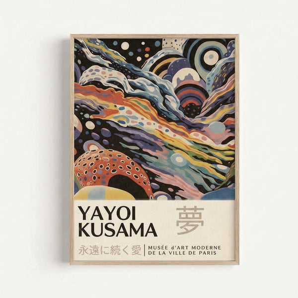 Framed abstract art poster featuring swirling, flowing forms in vibrant colors including orange, purple, blue, and cream. The dynamic composition shows organic shapes with polka dots and circular patterns reminiscent of cosmic or underwater scenes. Text at bottom reads "YAYOI KUSAMA" with Japanese characters and "Musée d'Art Moderne de la Ville de Paris." Light wood frame against white wall background.