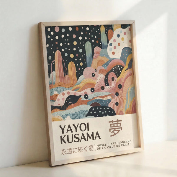Framed art print featuring Yayoi Kusama's distinctive polka dot style with abstract desert landscape containing colorful cacti, rolling hills, and organic shapes in soft pastels of pink, yellow, blue and coral against a black starry sky. The artwork includes Japanese characters and museum text at bottom. Light wood frame leans against white wall, casting subtle shadow.