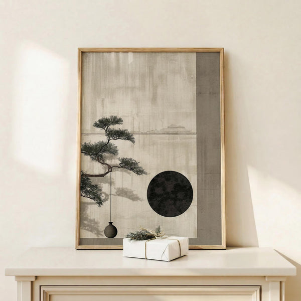 May include: Framed zen artwork featuring a stylized bonsai tree with curved branches extending from left side, dark circular moon shape in center, and small hanging ornament, displayed on light wood console table next to white wrapped gift with greenery, against cream wall with soft natural lighting.