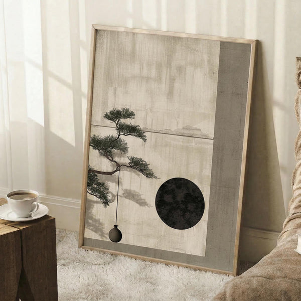 May include: Framed artwork leaning against white wall showing minimalist zen scene with bonsai tree, dark circular moon, and small hanging vessel on textured beige background. Natural wood frame, positioned on white textured rug next to wooden side table with coffee cup and beige throw blanket in sunlit room.