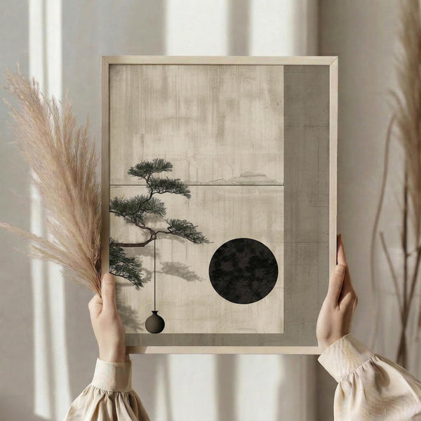 May include: Person in cream knit sweater holding wooden-framed art print featuring minimalist zen design with bonsai tree, dark circle moon, and hanging sphere on textured beige background. Dried pampas grass in left hand. Neutral room setting with soft natural lighting and curtains visible in background.